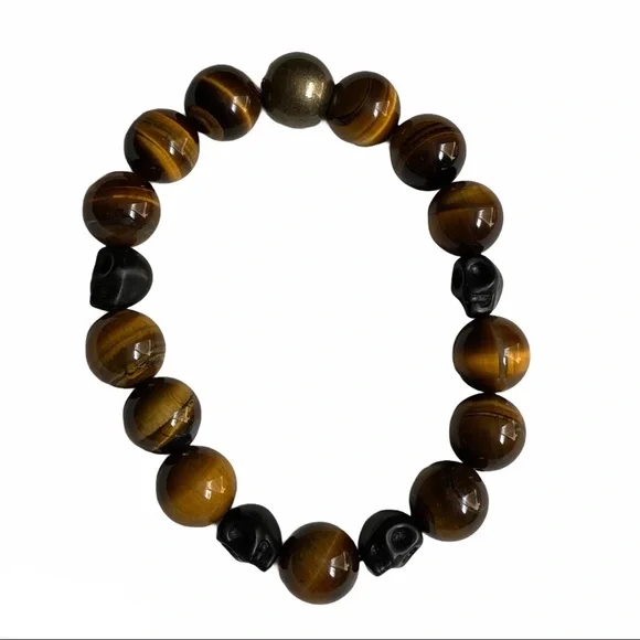 Hand Crafted Tiger’s Eye Skull Stretch Bracelet Unisex Natural Stones - Picture 3 of 5